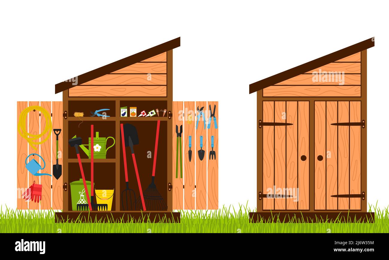 Holzschuppen mit geschlossenen und offenen Türen. Gartengeräte werden im Schuppen gestapelt und an der Tür aufgehängt. Ausrüstung für den Anbau von Pflanzen. Vektor illustrr Stock Vektor