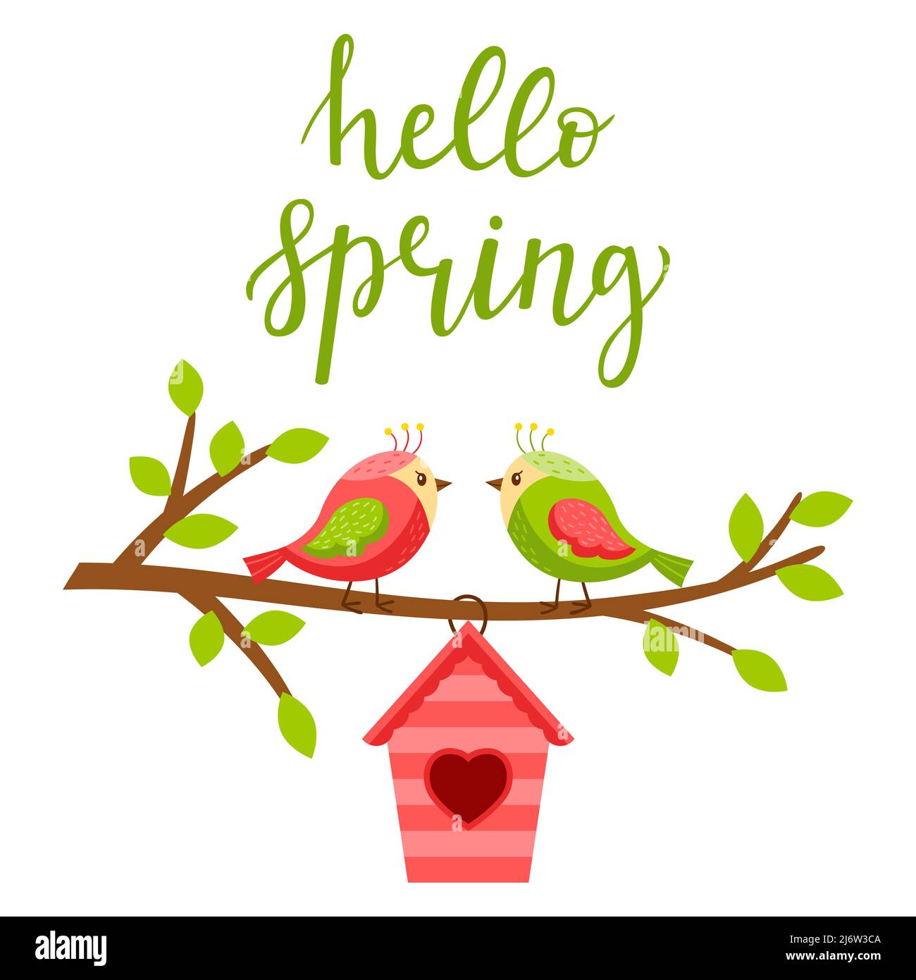 Zwei Lebevögel auf einem Zweig mit Blättern. Ein Vogelhaus mit Herz. Schriftzug Hallo Frühling. Frühling, helle Farbvektorillustration, Postkarte in einer Wohnung Stock Vektor