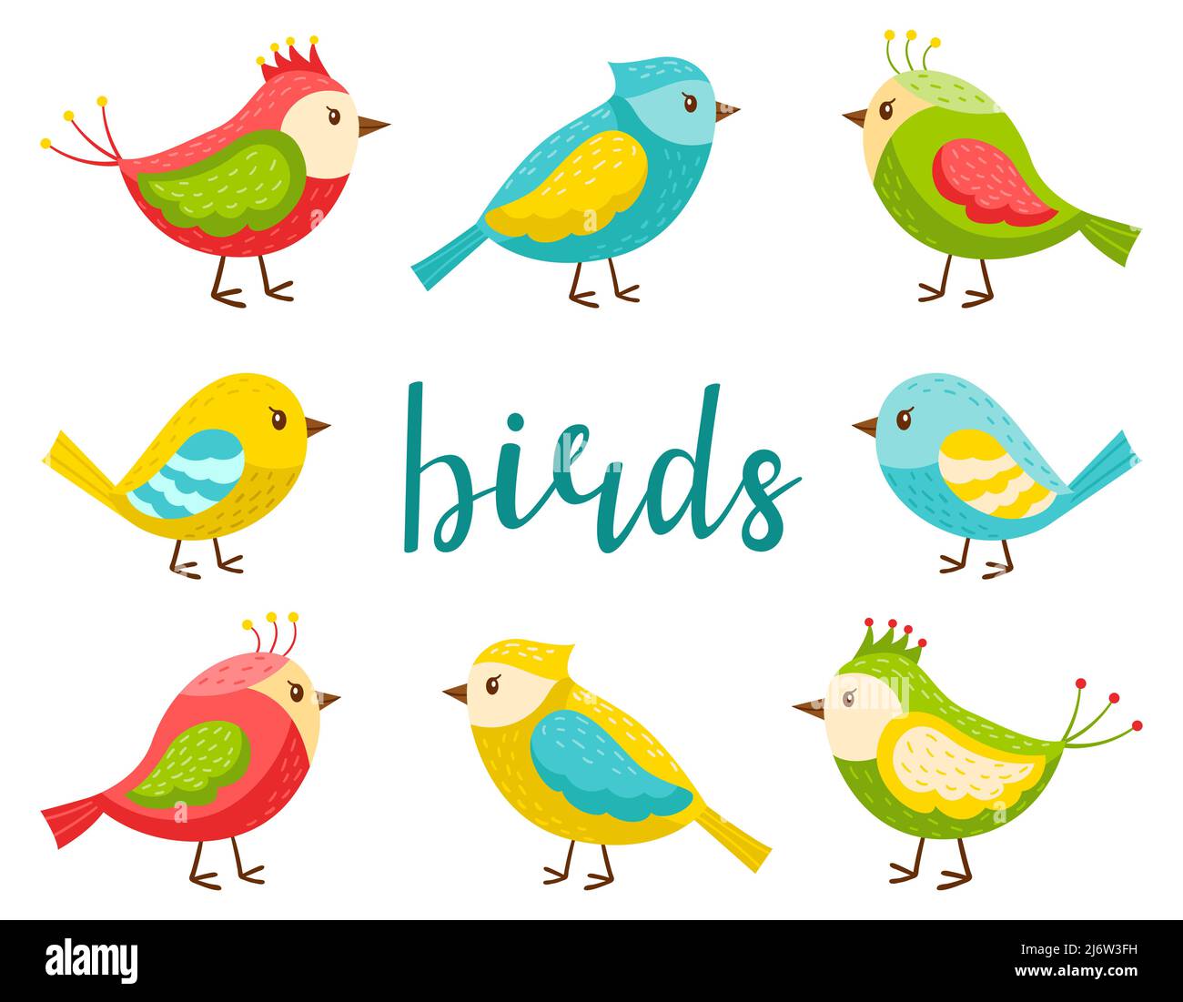 Ein Satz von hellen niedlichen Vögeln. Eine Kollektion von Cartoon-Frühlingsvögeln in einem flachen Stil. Designelemente für Frühling, Sommer und Kinder Themen. Color vecto Stock Vektor