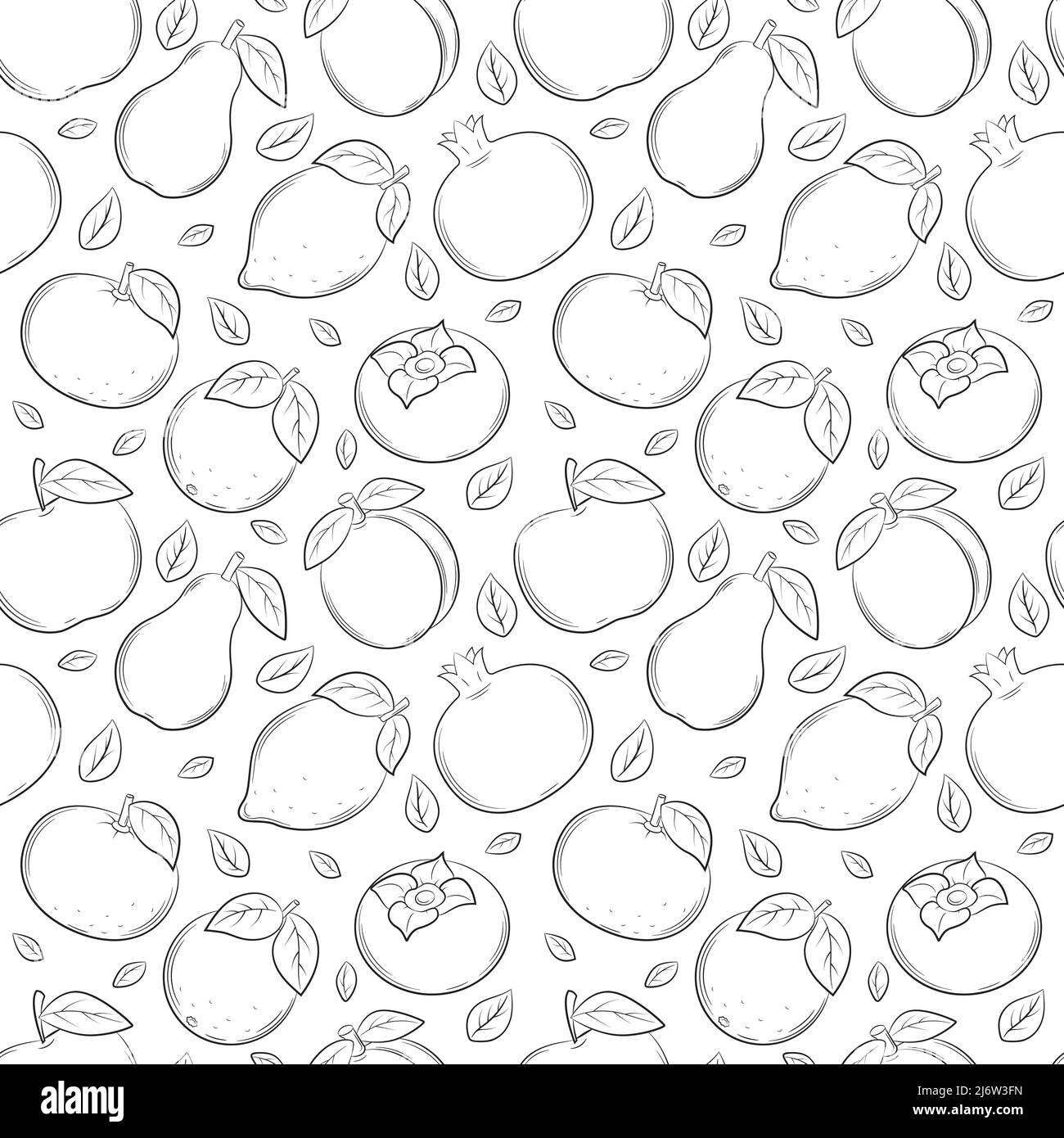 Nahtloses Muster mit verschiedenen Früchten und Beeren. Von Hand gezeichnete lineare Elemente in Schwarz und Weiß werden auf einem transparenten Hintergrund isoliert. Für das Design Stock Vektor