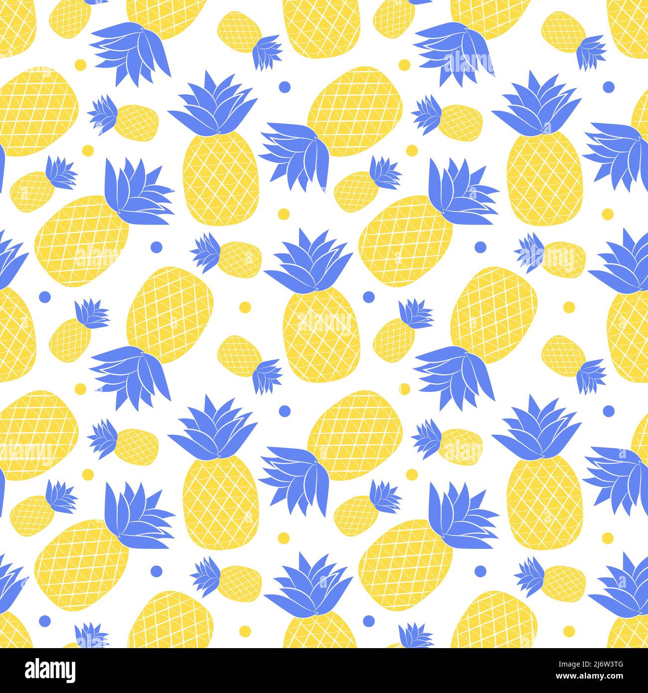 Nahtloses Muster mit Ananas. Schlichtes blau-gelbes Sommermuster mit tropischen Früchten. Flache Elemente sind isoliert. Transparenter Hintergrund. Für den d Stock Vektor