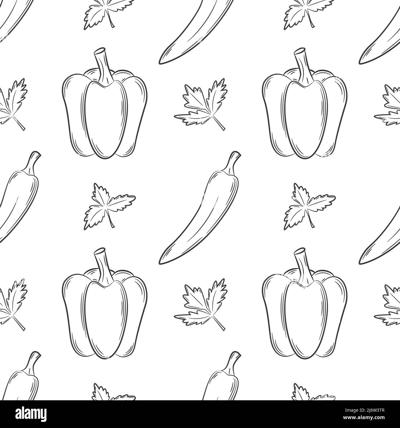 Nahtloses Muster mit Paprika und Kräutern. Schwarz-Weiß-Muster mit Gemüse. Elemente im linearen Stil werden ohne Hintergrund isoliert. Für Stock Vektor