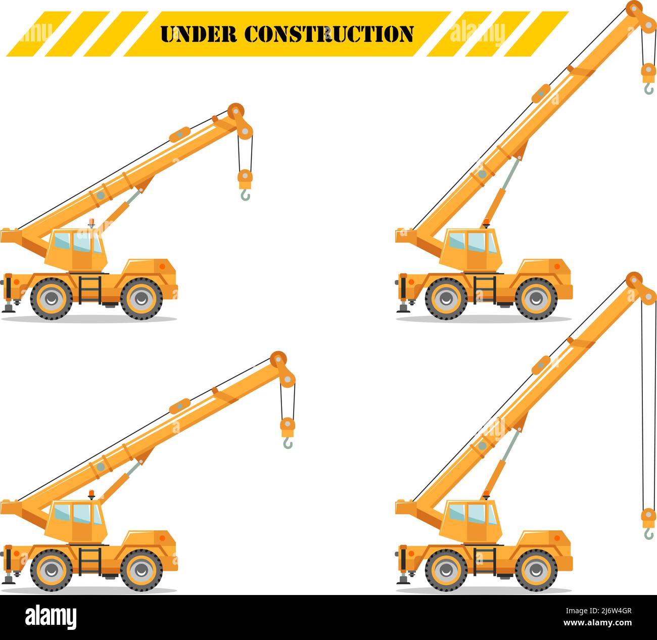 Detaillierte Abbildung eines farbigen Kranwagens mit unterschiedlicher Auslegerposition, schweren Geräten und Maschinen. Baumaschine. Vektorgrafik. Stock Vektor