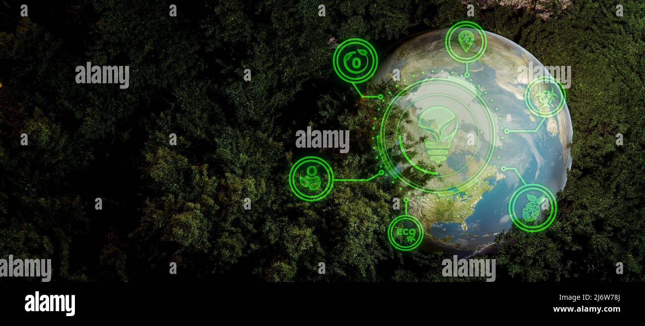 ESG Icons Konzept zirkuliert in einer Welt Umwelt, Gesellschaft und Governance SG ESG Forest Conservation Concept Umwelt, Soziales und Governance 3 Stockfoto