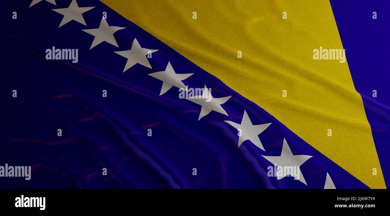 Bosnien-Flagge winkt. Nationalflagge von Bosnien und Herzegowina mit Wellen und Wind 3D Render Stockfoto