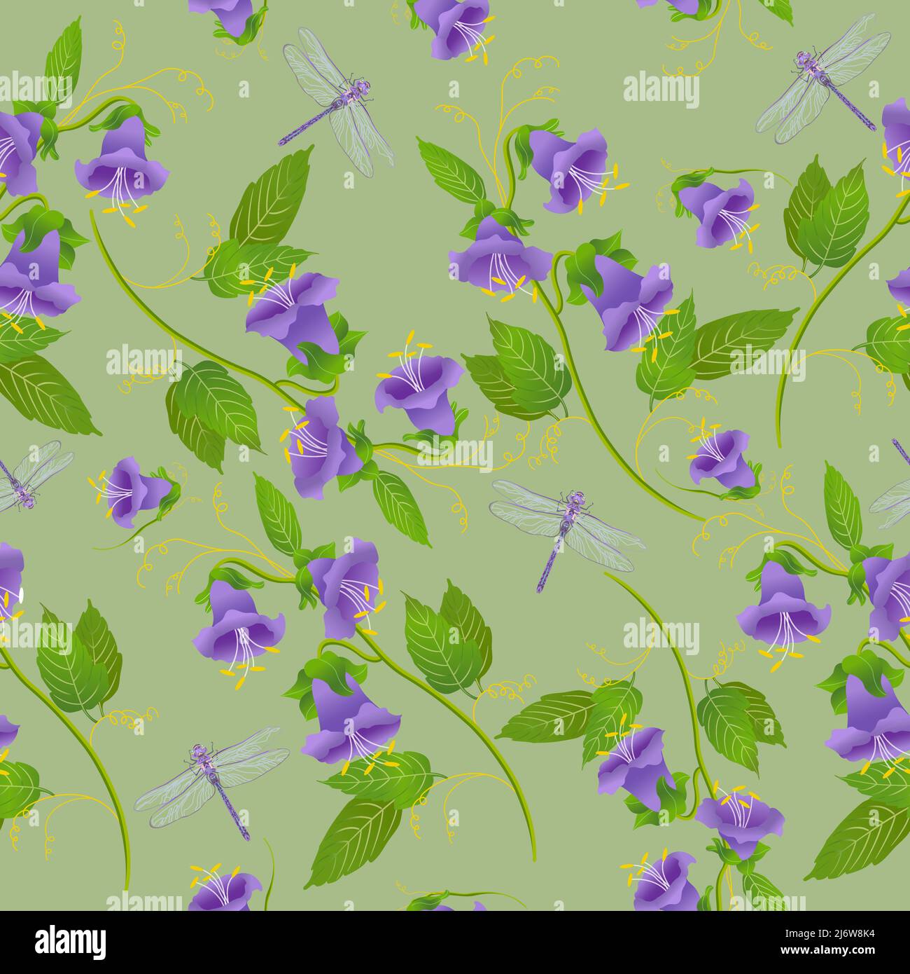 Nahtloses Vektor-Blumenmuster mit schönen lila Bluebells und Libellen Stock Vektor