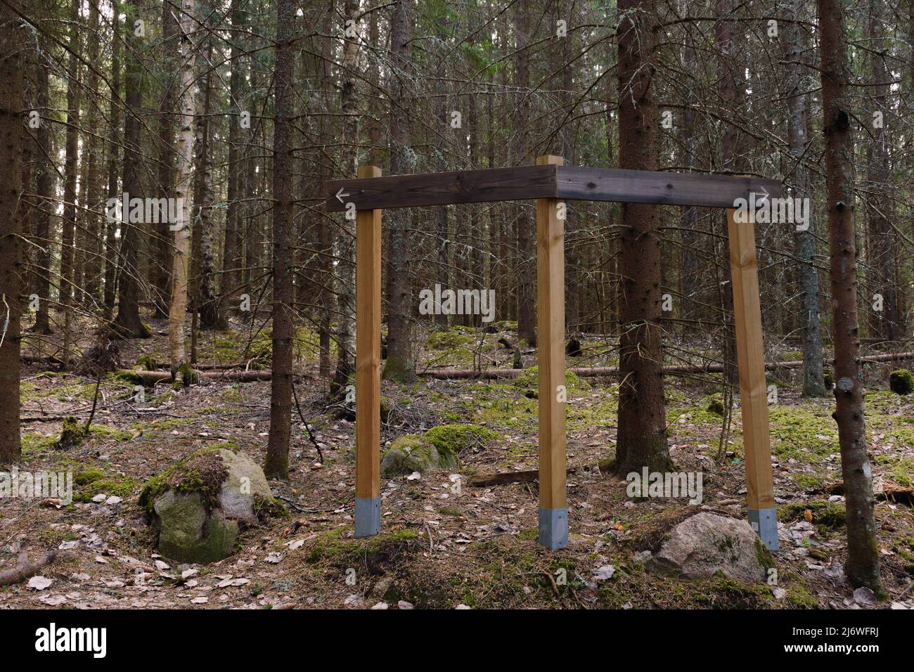 Leere Holzschild in einem Wald mit Pfeilen, die auf zwei Wege zeigen, Kreuzung im Wanderweg. Finnland. Stockfoto
