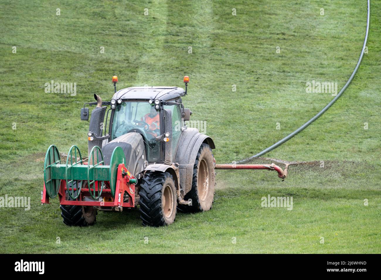 Verteilen von Gülle mit einem Valtra Traktor und einem Nabelsystem auf einer Wiese. Cumbria, Großbritannien. Stockfoto