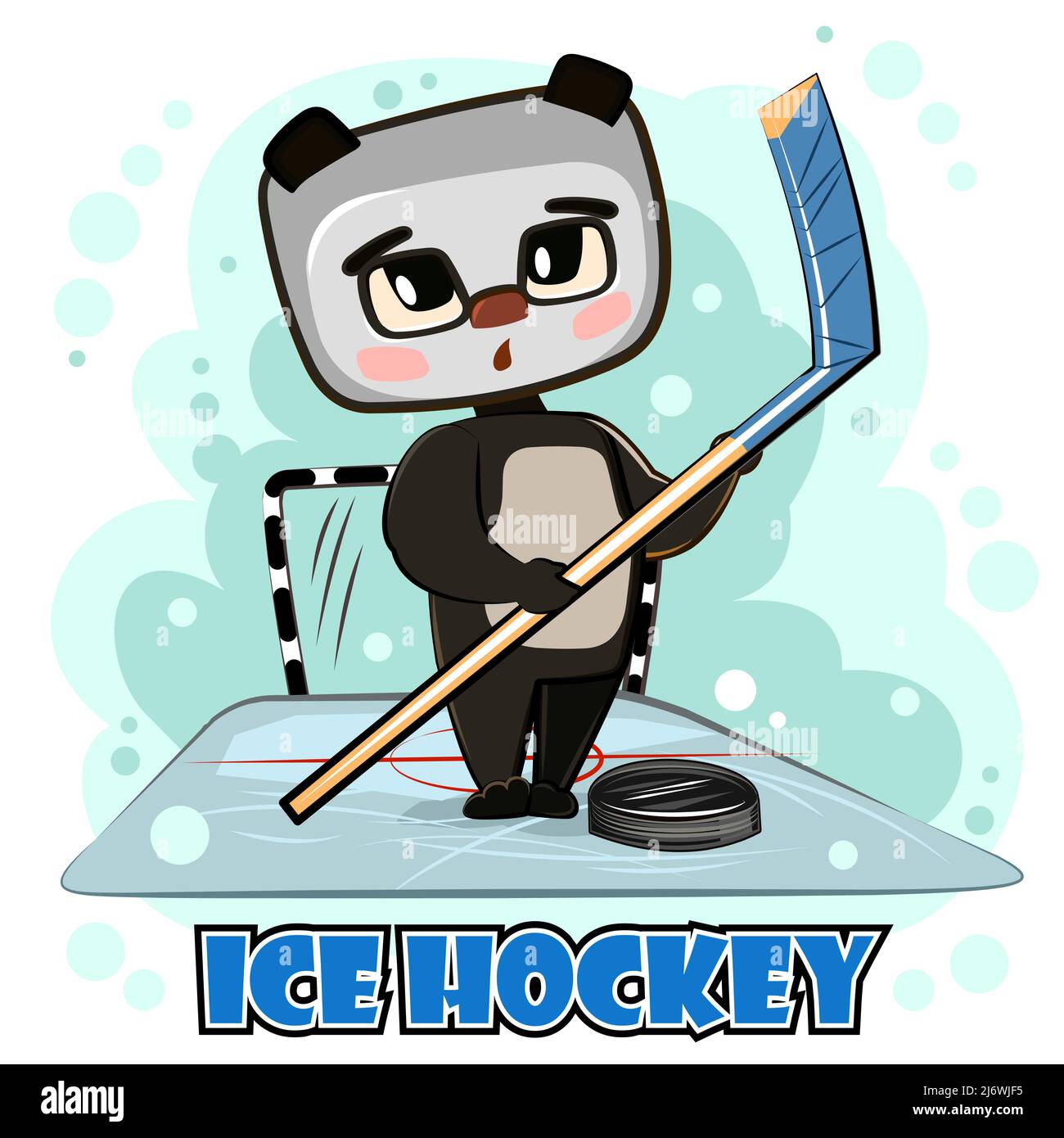 Süßes Kind Panda, Bär auf Eis. Kinder Wintersport. Illustration für Kinder. Hockeyschläger und Puck. Sport. Lustige Tier im Cartoon-Stil. Bild i Stock Vektor