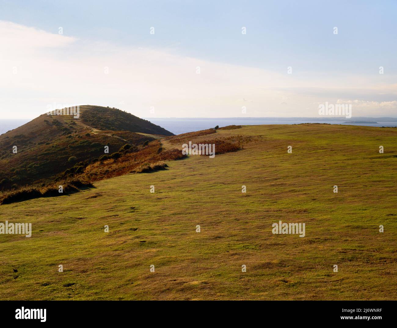 Sehen Sie sich nordwestlich der schwachen Überreste alter Feld- und Anbausysteme auf der Kalksteinvorgewende Brean Down am S End der Weston Bay, Somerset, England, Großbritannien, an. Stockfoto