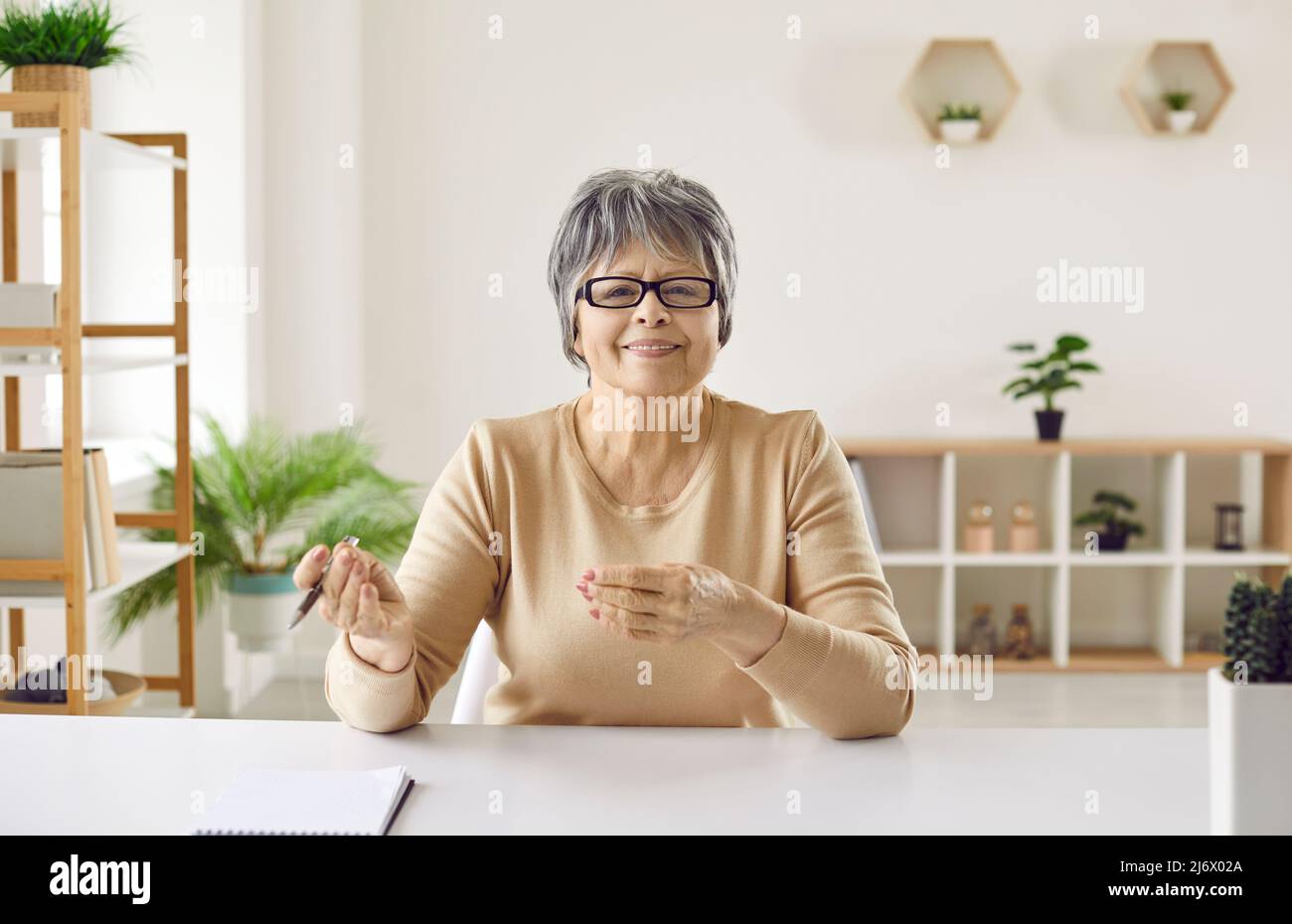 Porträt einer glücklichen älteren Frau während einer Telefonkonferenz, eines Webinars oder eines Online-Arbeitsmeeting Stockfoto