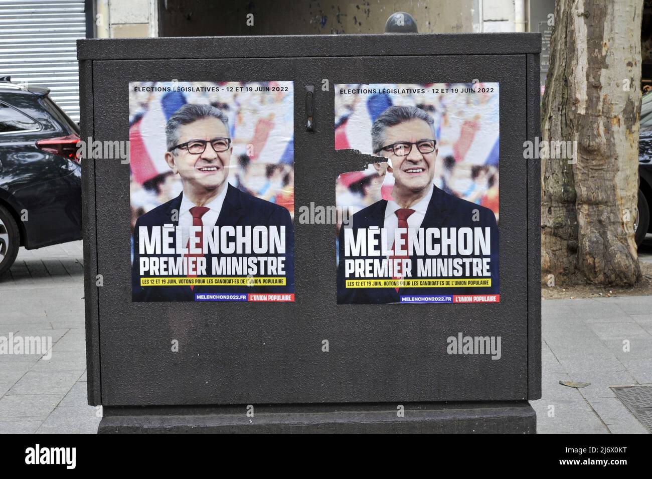 FRANKREICH. PARIS (75) 11TH ARR. PLAKAT VON JEAN-LUC MELENCHON, DEM FÜHRER VON INSUMISED FRANCE, DAS SEINE ERNENNUNG ZUM PREMIERMINISTER (WAHL CAMPA Stockfoto