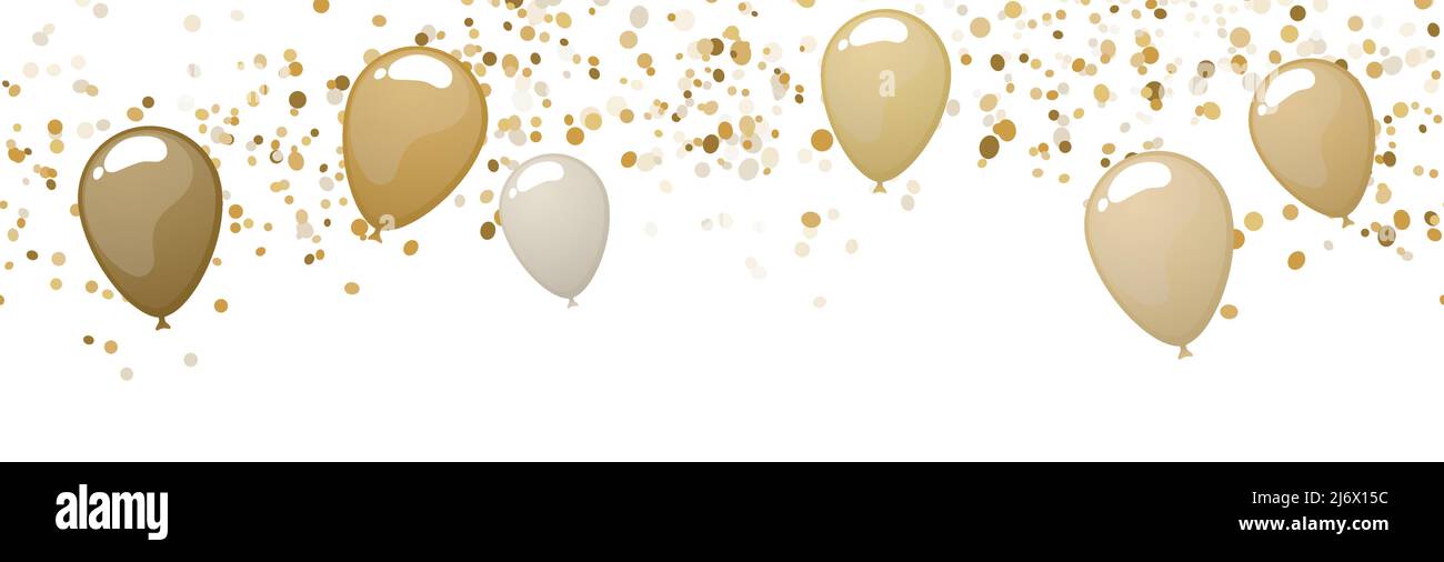 EPS 10 Vektordarstellung von nahtlosen goldfarbenen glücklichen Ballons und Konfetti auf weißem Hintergrund für Hochzeit, Faschingsfeier oder sylvester-Templat Stock Vektor