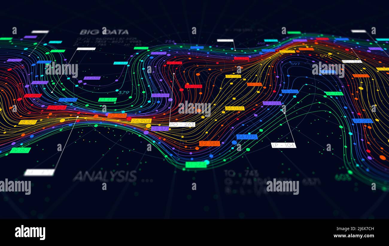 Geschäftstechnologie für Informationssortierung und -Speicherung, futuristische Visualisierung des digitalen Datenstroms, Farbstruktur des neuronalen Netzes, Monitor e Stockfoto