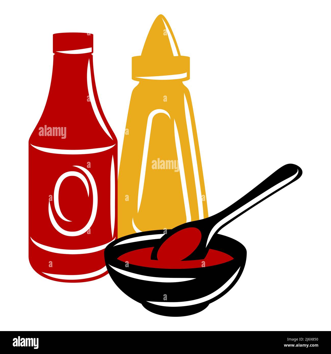 BBQ-Illustration mit Senf- und Ketchup-Saucen. Stilisierte Küche- und Restaurantmenüs. Stock Vektor