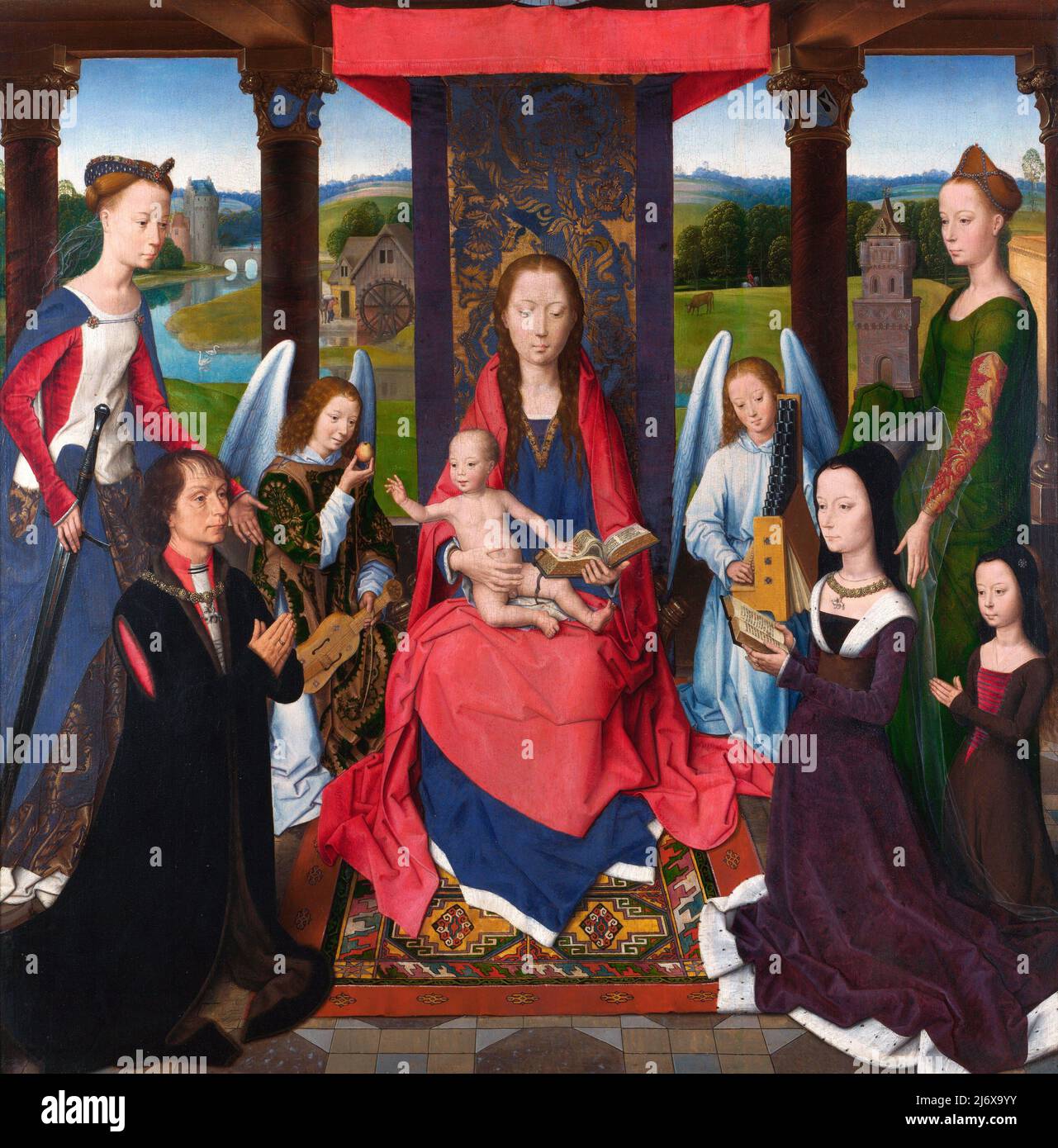 Die Jungfrau und das Kind mit Heiligen und Stiftern (der Donne-Triptychon) von Hans Memling (um 1430-1494), Öl auf Eiche, c. 1478 Stockfoto