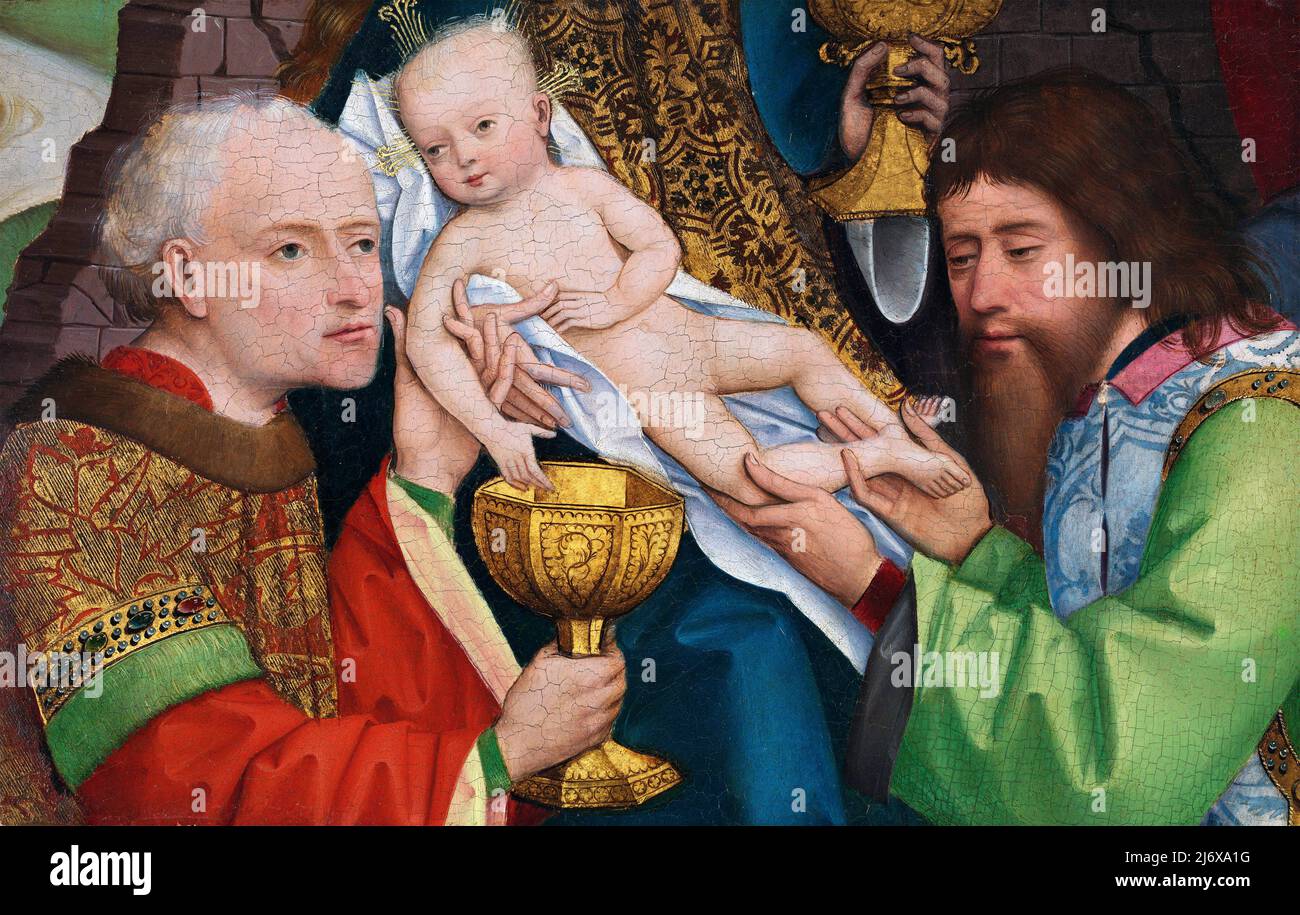 Die Anbetung der Könige durch den Meister von Liesborn, Öl auf Eiche, c. 1470-80. Fragment eines größeren Gemäldes. Stockfoto