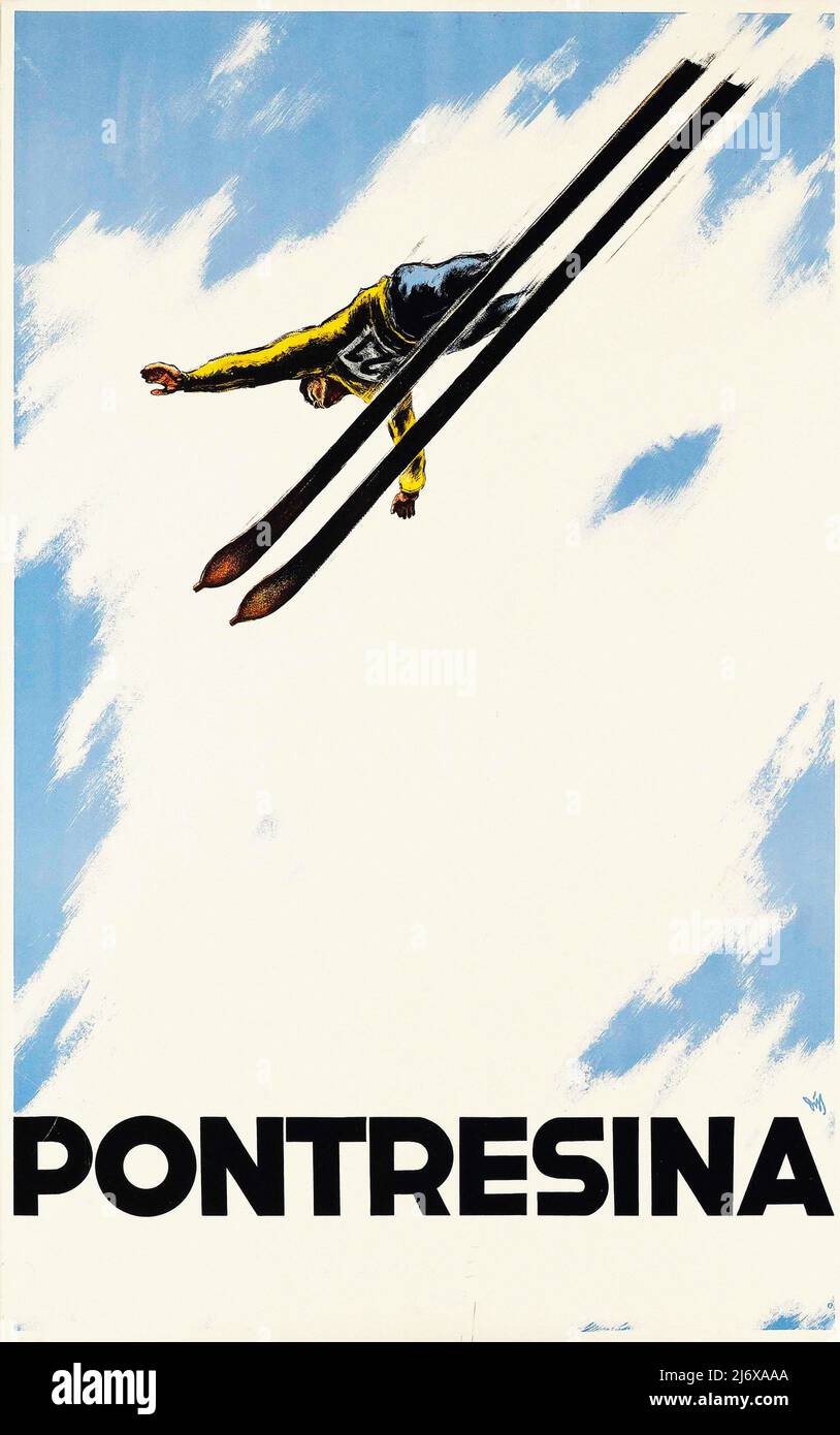 Vintage 1930s Reiseplakat - PONTRESINA - Wintersport, um 1930. Skisprungwettbewerb. Schweiz, Schweiz Stockfoto