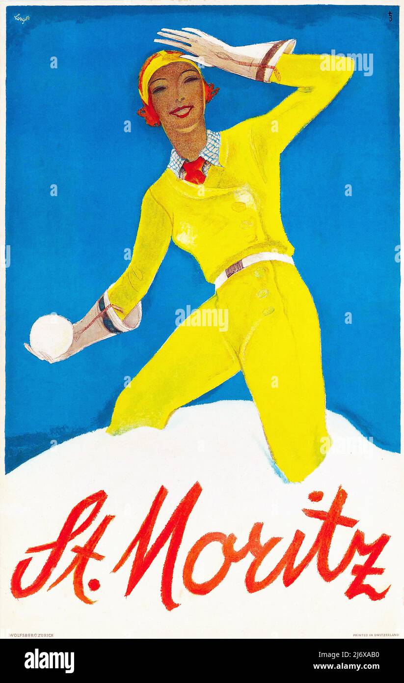 Vintage 1930s Reiseplakat - ST MORITZ - 1932 - Wintersport. Frau in einem gelben Jumpsuit, mit einer Schneeballschlacht. Skisplakat Stockfoto