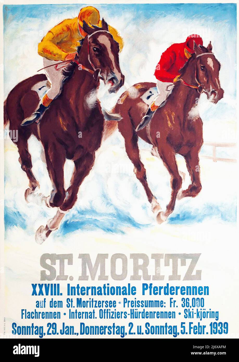 Vintage 1930s St. Moritz travel Poster - XXII Grosse Internationale Pferderennen. 1933. Pferderennen Stockfoto