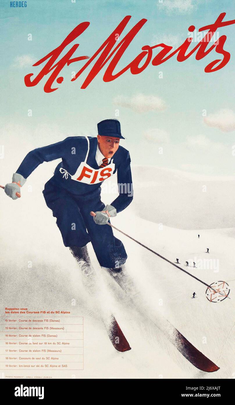 Vintgae 1930s Ski Poster - St. Moritz Stockfoto