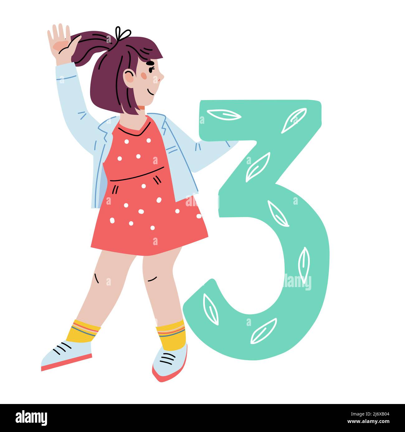 Kind Mädchen mit Figur 3 drei, Vektor-Cartoon flache Illustration auf Hintergrund isoliert. Anzahl der Kinder im Vorschulalter oder Kindergartenalter, Coun Stock Vektor