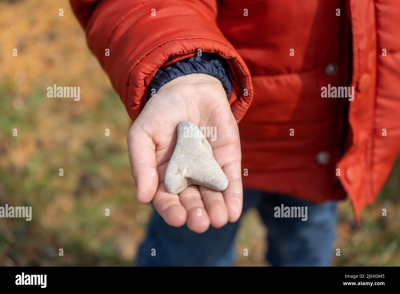Babyhände halten einen herzförmigen Stein Stockfoto