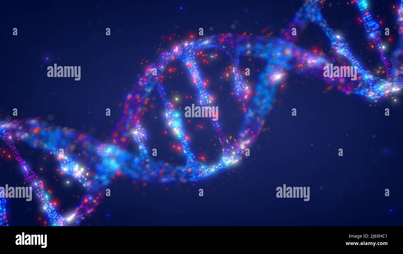 Digitales Doppelhelix-DNA-Molekül. Molekulargenetik und Gentechnik Konzept. Stockfoto