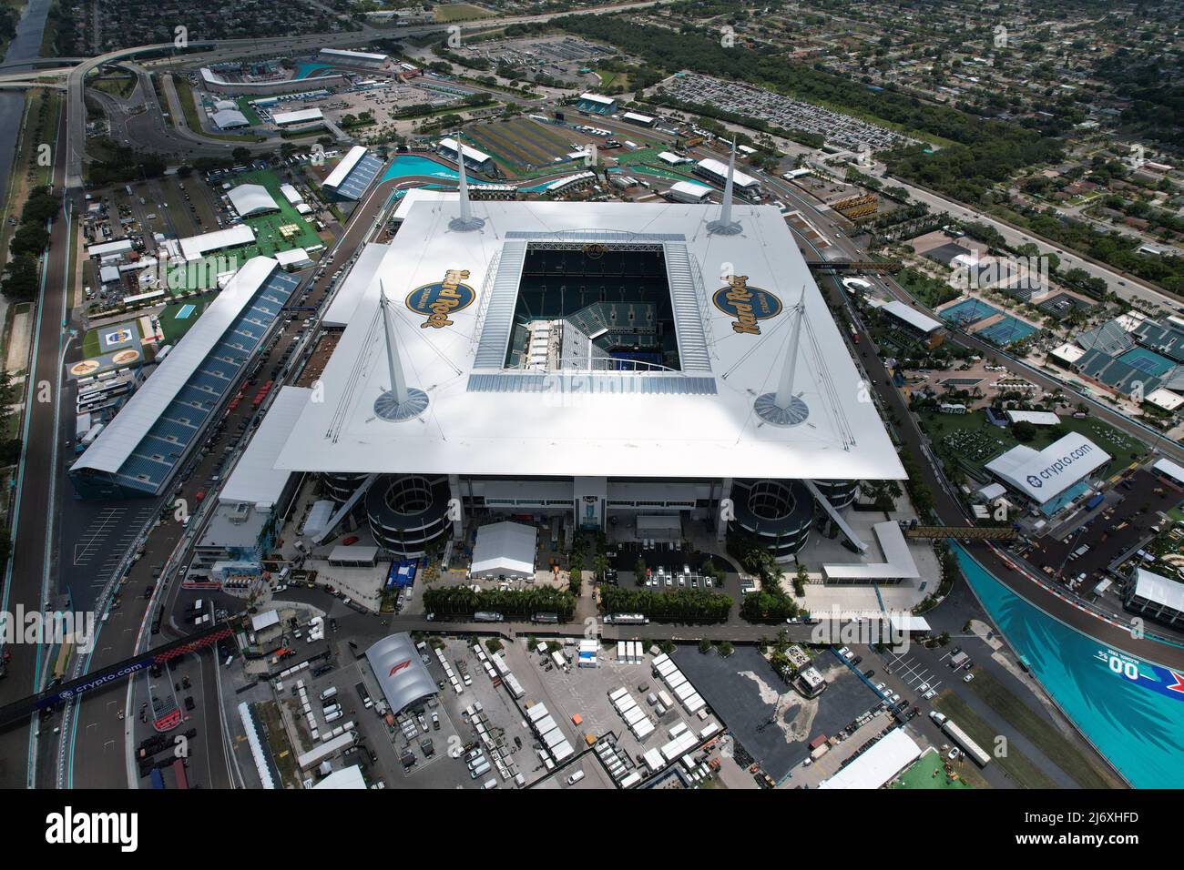 Eine Luftaufnahme der Rennstrecke F1 für den Miami Grand Prix im Hard Rock Stadium, Montag, 2. Mai 2022, in Miami Gardens, Fla. Eine Luftaufnahme des Rennens von F1 Stockfoto