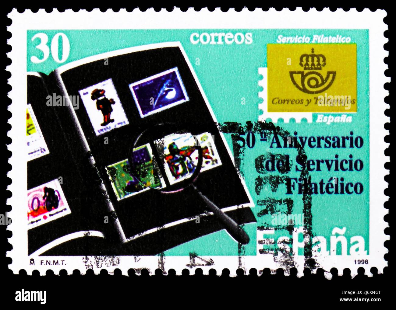MOSKAU, RUSSLAND - 27. MÄRZ 2022: In Spanien gedruckte Briefmarke zum 50.. Jahrestag des Briefmarkendienstes, um 1996 Stockfoto