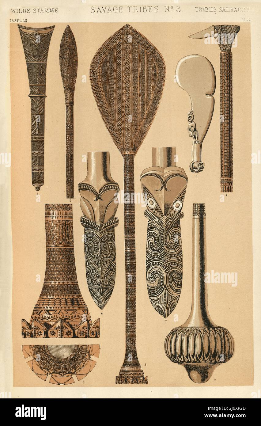 Polynesische dekorative Kunst, Holzschnitzerei, Paddel, Clubs, 19. Jahrhundert, Grammatik des Ornaments von Owen Jones, 1860s, viktorianisch Stockfoto