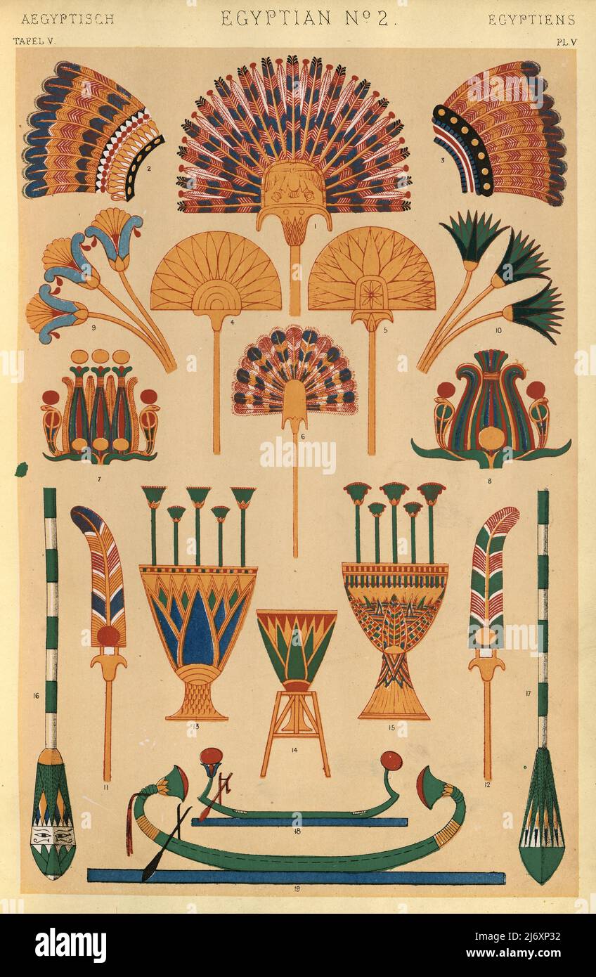 Altägyptische dekorative Kunst, Fächer, Federn, Kopfkleid, Boote, Lotus, Grammar of Ornament von Owen Jones, 1860s, viktorianisch Stockfoto
