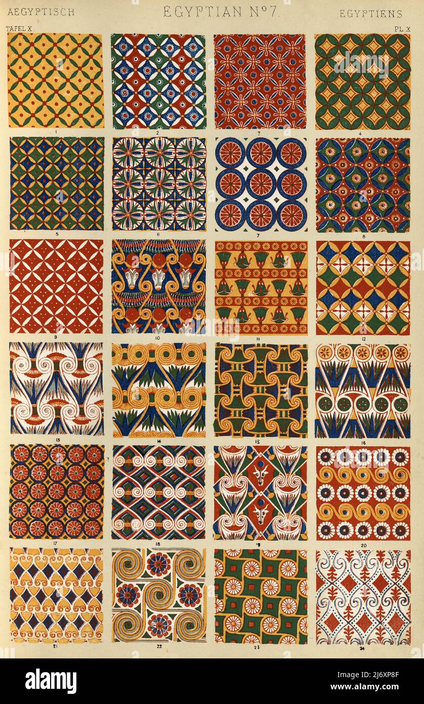 Antike ägyptische dekorative Kunst, Muster, 19.. Jahrhundert, Ornamentgrammar von Owen Jones, 1860s, viktorianisch Stockfoto