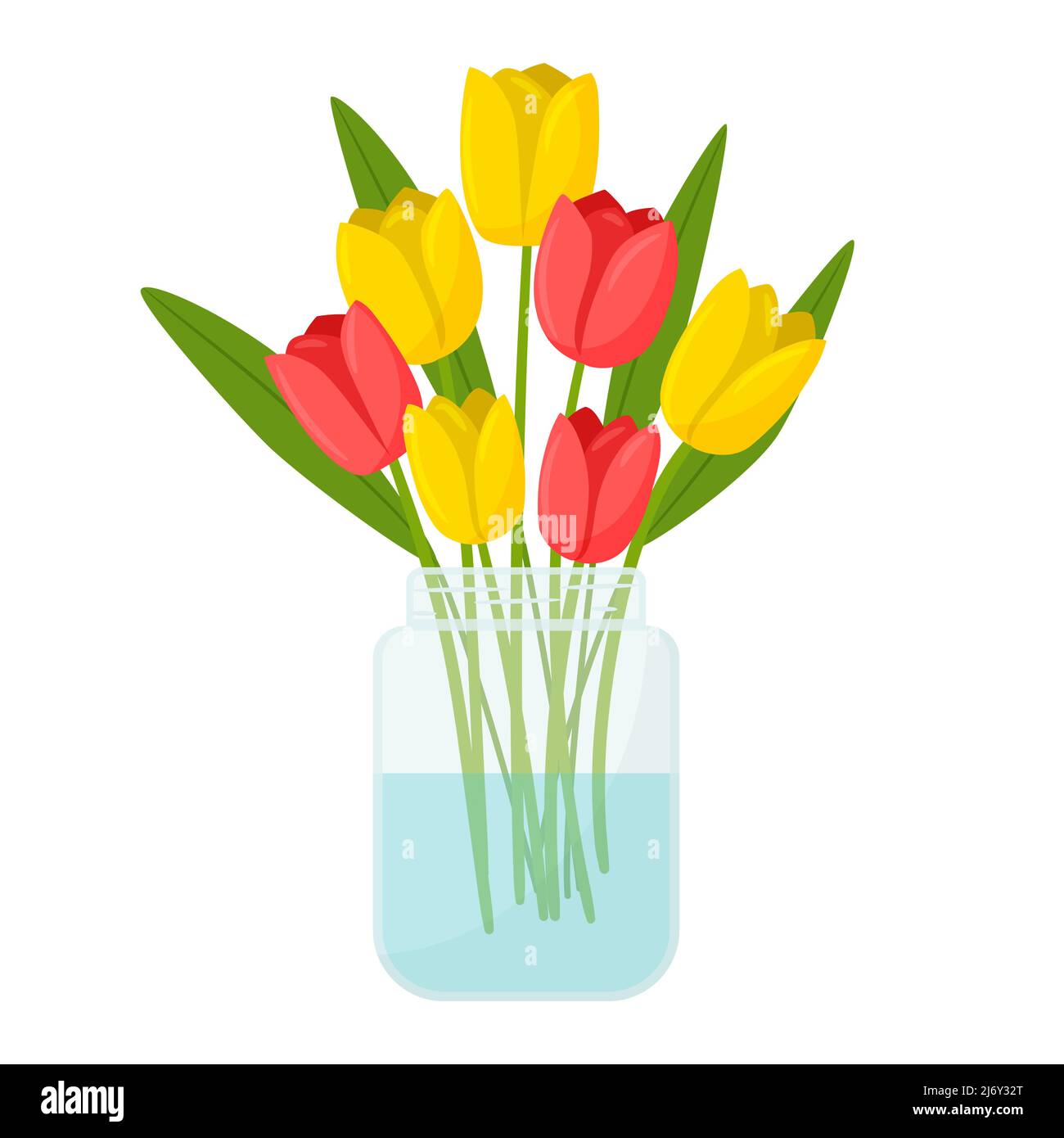 Ein Bouquet von Tulpen in einem durchsichtigen Glas. Ein Einrichtungselement für Zuhause. Ein Symbol des Frühlings, des Sommers. Dekoratives Element.Sommer, botanisch, floral . Farbe vecto Stock Vektor