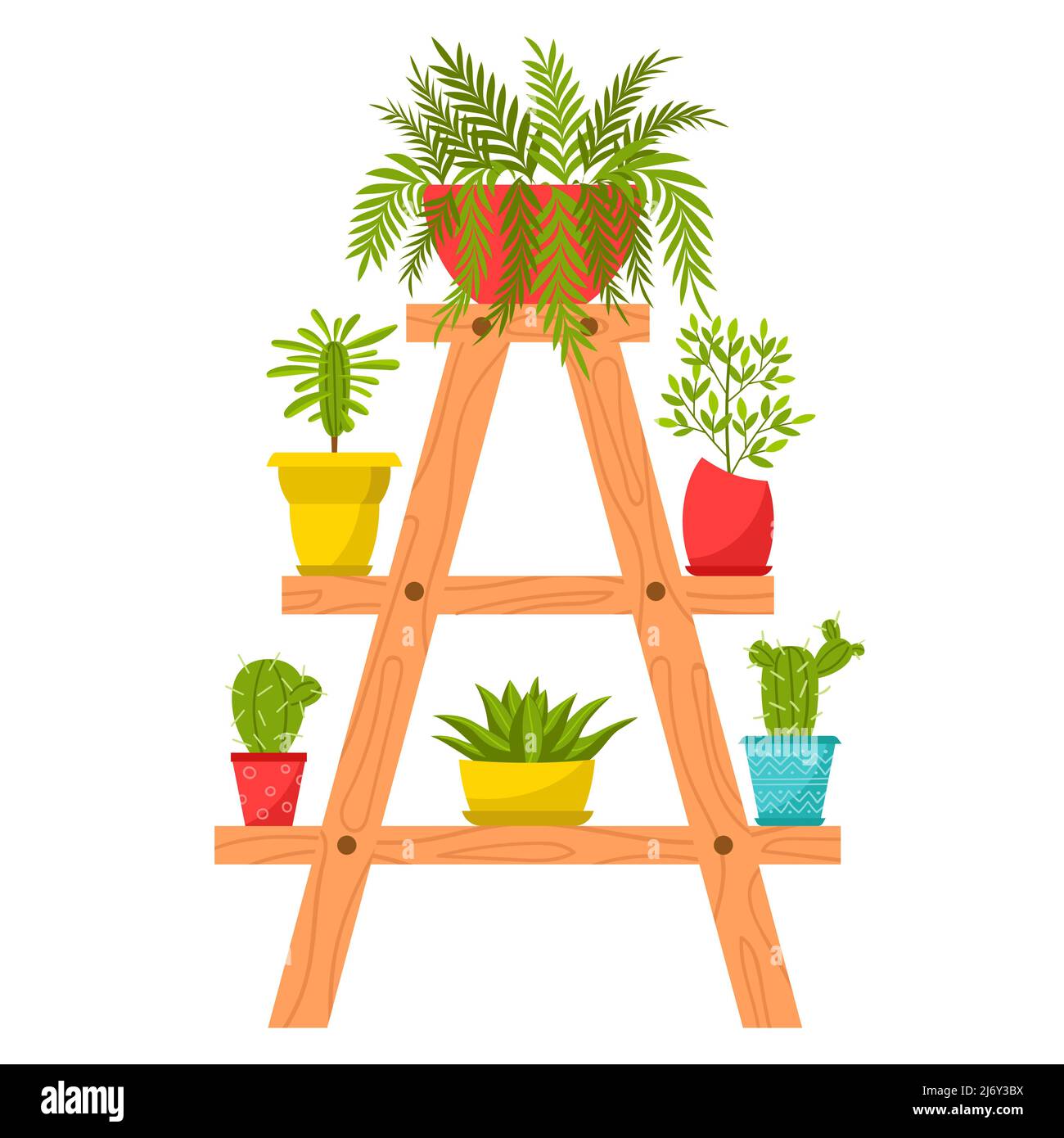 Sammlung von Heimpflanzen in Töpfen. Laubpflanzen, Sukkulenten in Blumentöpfen. Die Pflanzen stehen auf einem Blumenständer. Flacher Cartoon-Stil. Farbvektor i Stock Vektor
