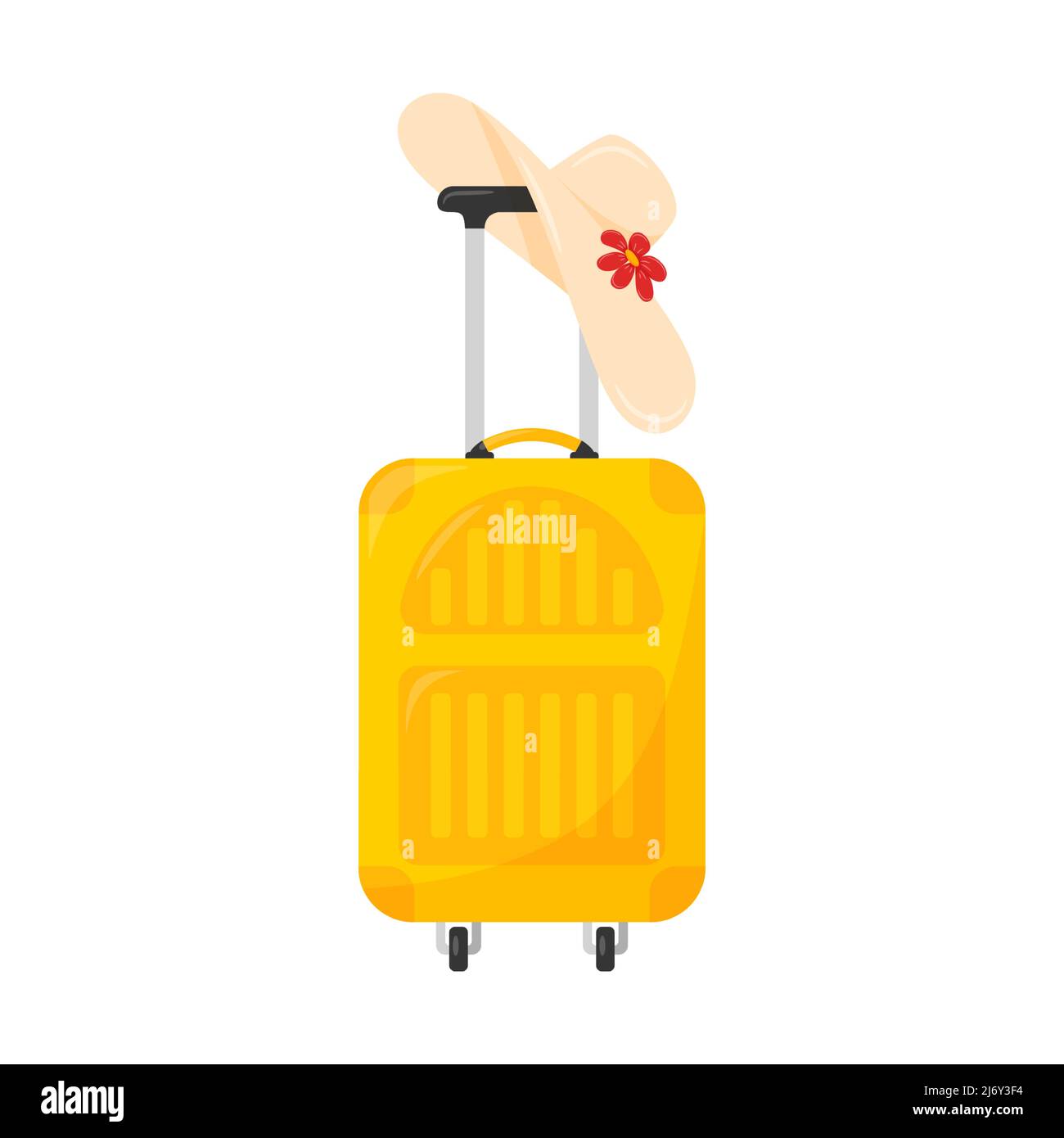 Gelber geschlossener Koffer auf Rädern. Stehend, mit einem Frauenhut, der am Griff hängt. Ein Symbol für Reisen, Sommer, Urlaub. Ein helles Designelement. F Stock Vektor
