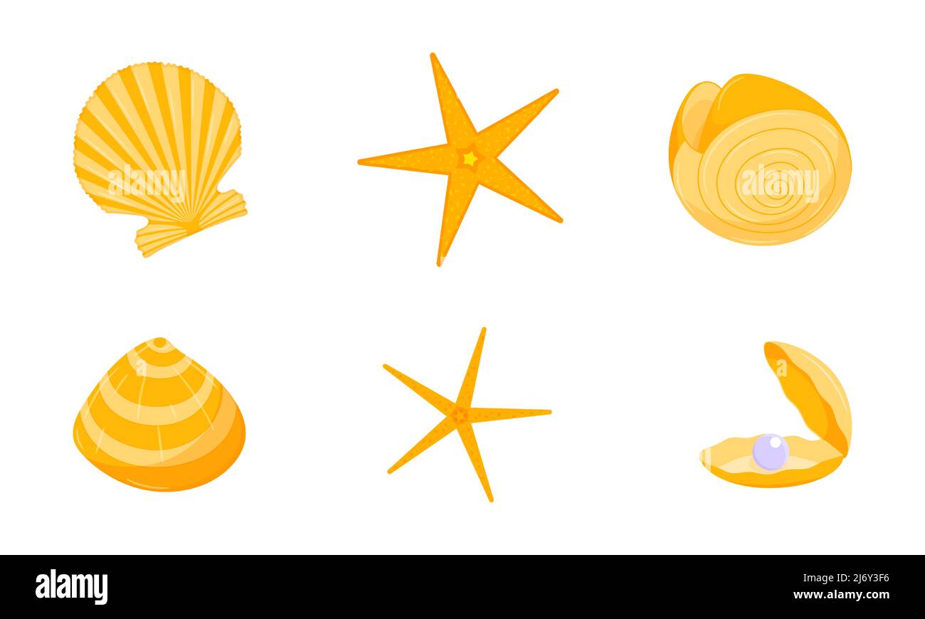 Eine Sammlung von gelben Muscheln und Seesternen. Designelemente zum Thema Sommer, Tropen, Urlaub. Farb-Vektor-Illustrationen in einer flachen Cartoon-st Stock Vektor