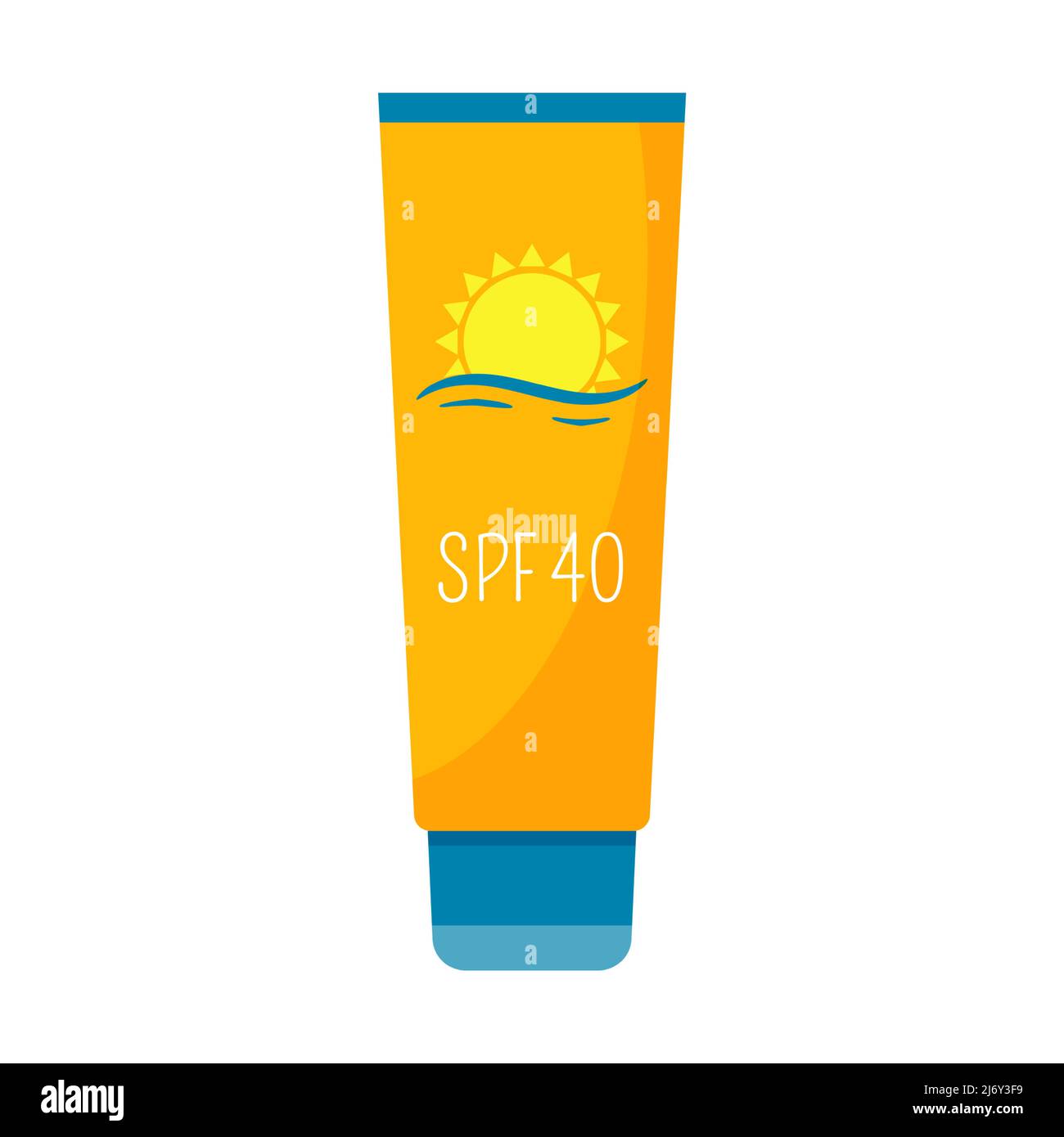 Sonnenschutzmittel. Kosmetik zum Schutz vor Sonnenbrand. In einem Röhrchen mit Deckel cremen. Dekoratives Element für Sommerurlaub am Strand, Urlaub. Flache Farbgebung Stock Vektor