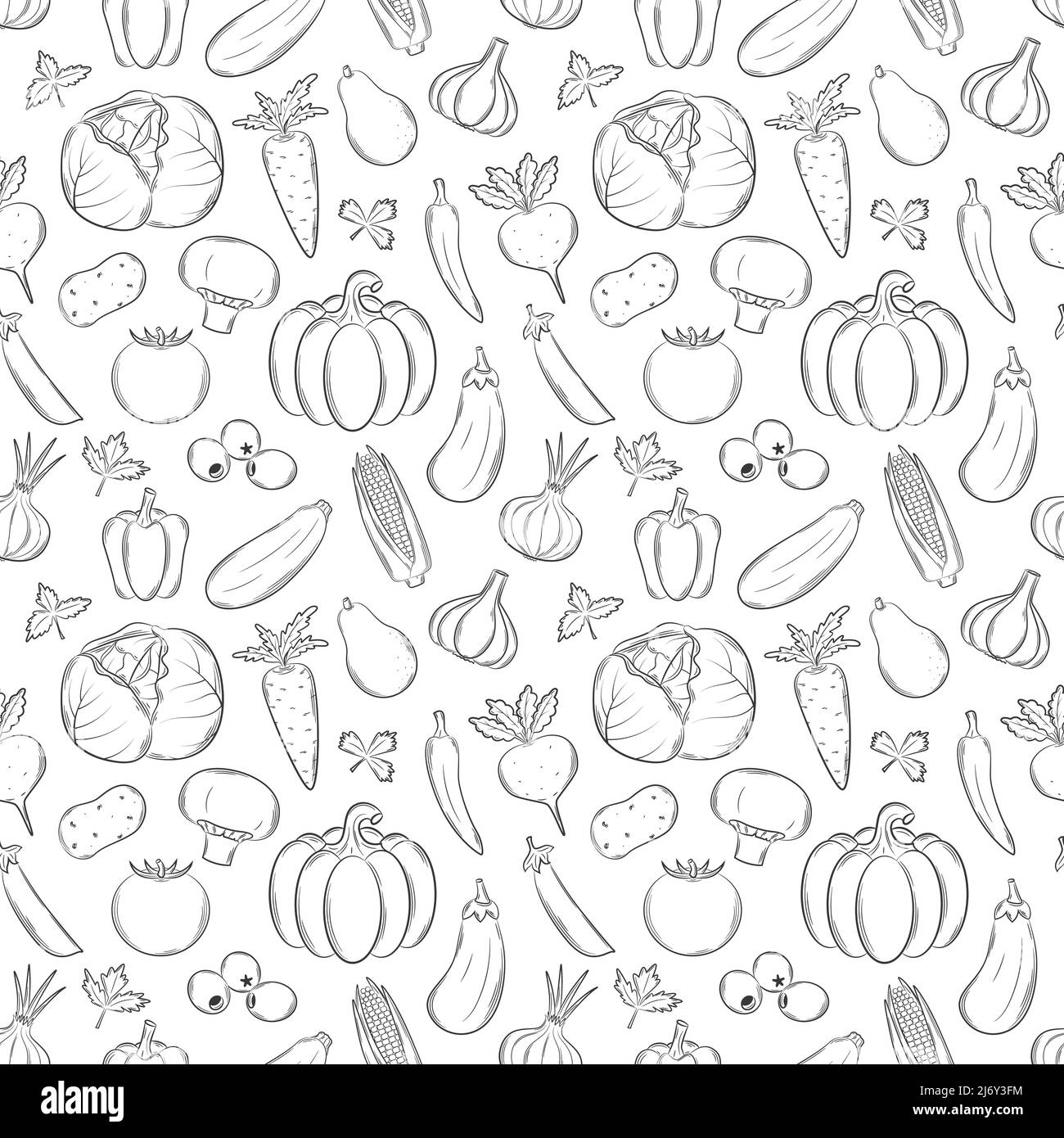 Nahtloses Muster mit verschiedenen Gemüsesorten. Schwarz-Weiß-handgezeichnete lineare Elemente mit Umriss werden auf transparentem Hintergrund isoliert. Für die Stock Vektor