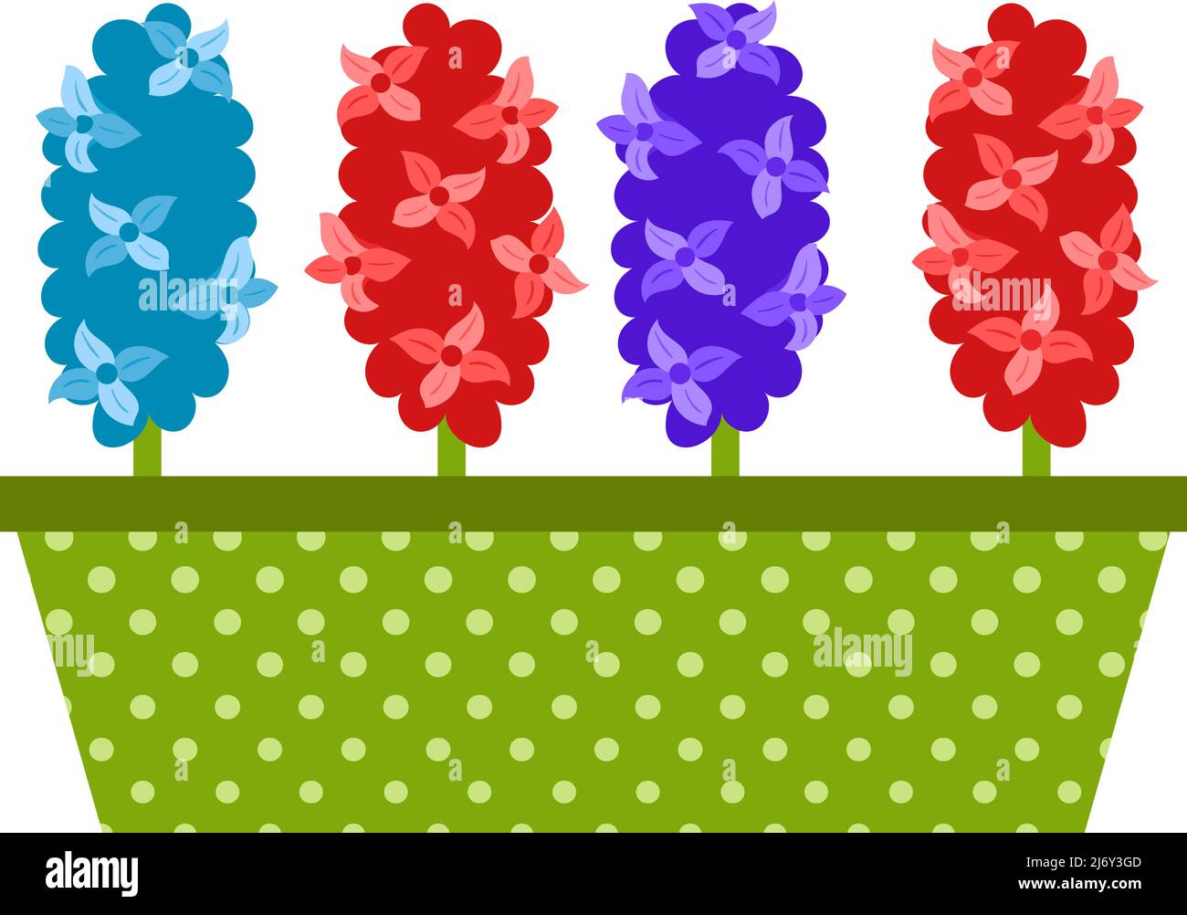 Ein langer Topf mit Polka-Punkten mit Hyazinthen. Frühlingsblumen, ein Symbol für den Beginn des Frühlings, Gartenarbeit. Florales Zierelement. Vektordarstellung Stock Vektor