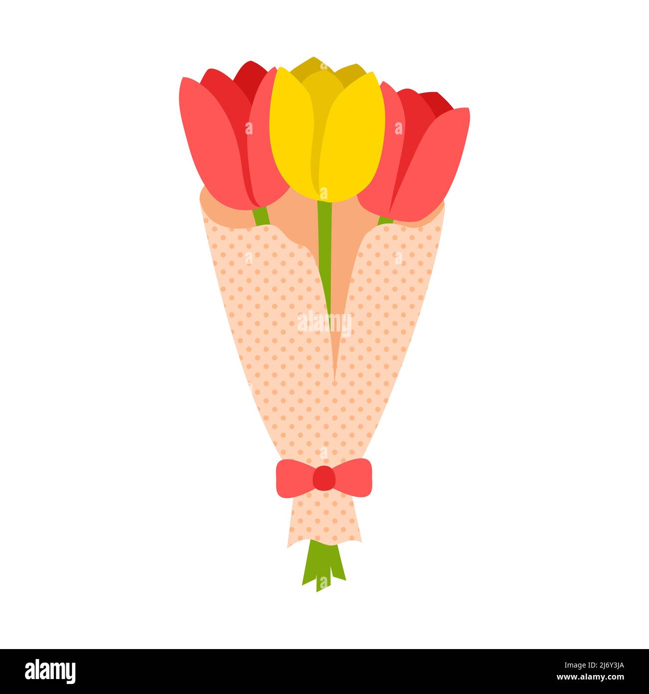 Bouquet von roten und gelben Tulpen in Verpackungspapier. Frühlingsstrauß. Blumendarstellung. Flacher Style. Isoliert auf weißem Hintergrund Stock Vektor