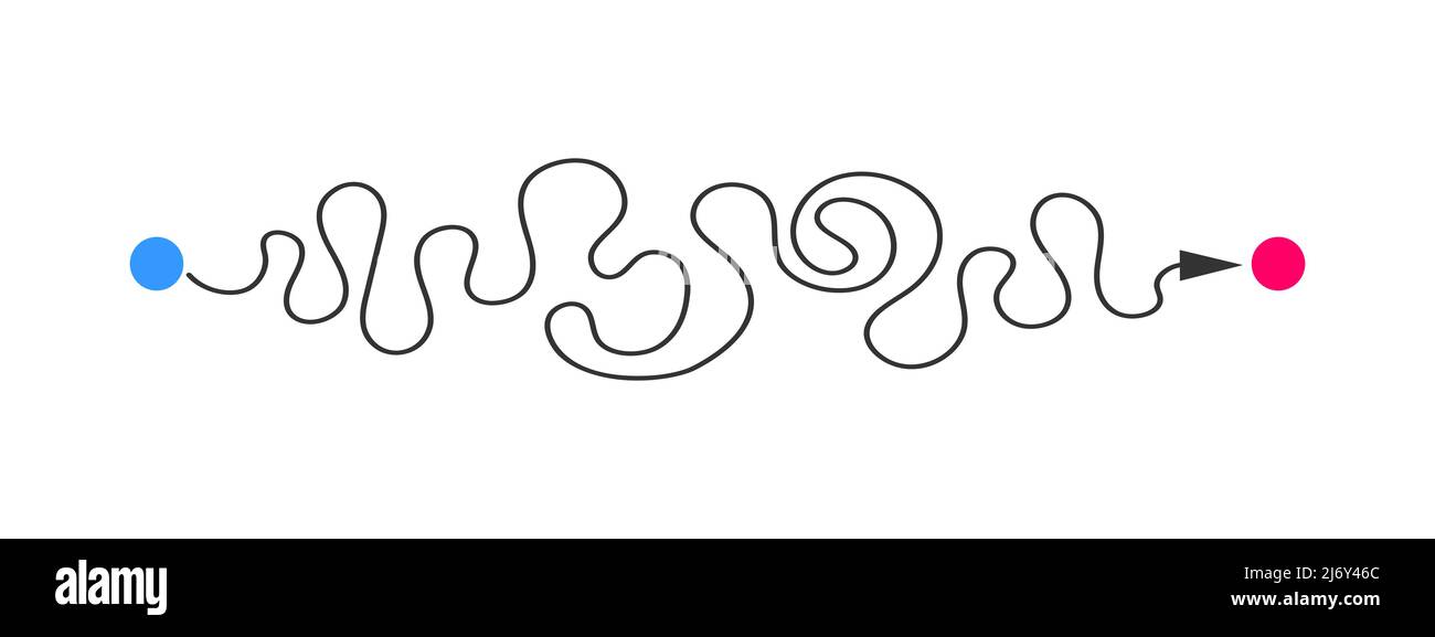 Gekrümmte Linie vom Start- bis zum Zielpunkt. Schwieriger Weg, chaotischer Weg, harter Weg, Herausforderung Symbol isoliert auf weißem Hintergrund. Vektorgrafik. Stock Vektor