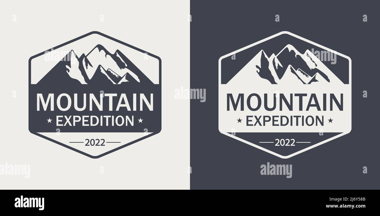 Vector Ventage Etiketten mit handgezeichneten Bergen. 2022. Illustration für Skigebiet, Wandern, Klettern, Mountainbiken Logo Set. Winter Wird Gezeichnet Stock Vektor