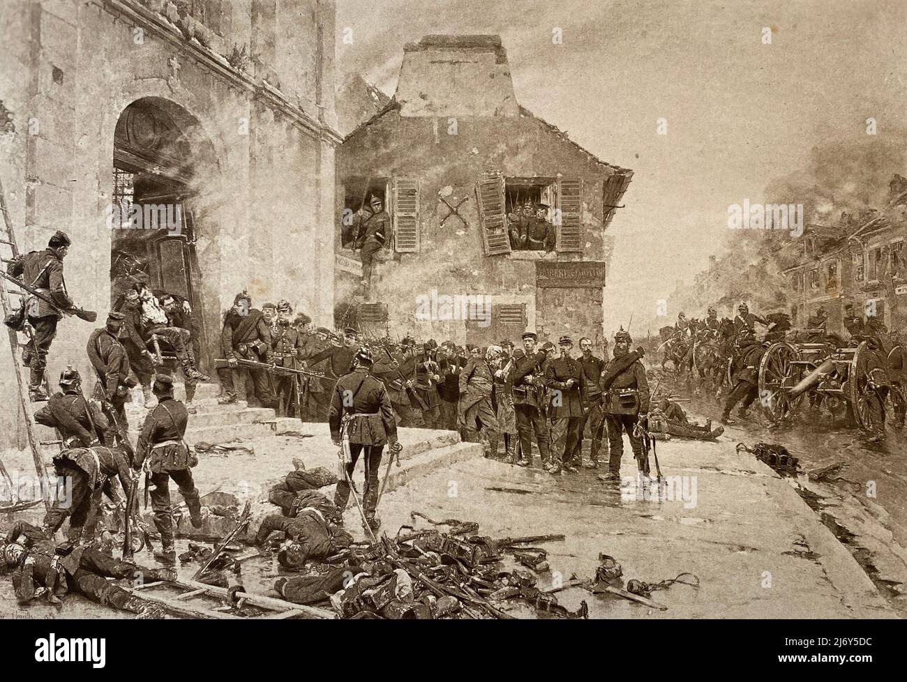 Ein antiker Stich 'Verteidigung von Le Bourget' 1870, nach einem Gemälde von Alphonse Marie De Neuville, aus George Barrie's International Gallery of Prints, veröffentlicht 1886. Stockfoto