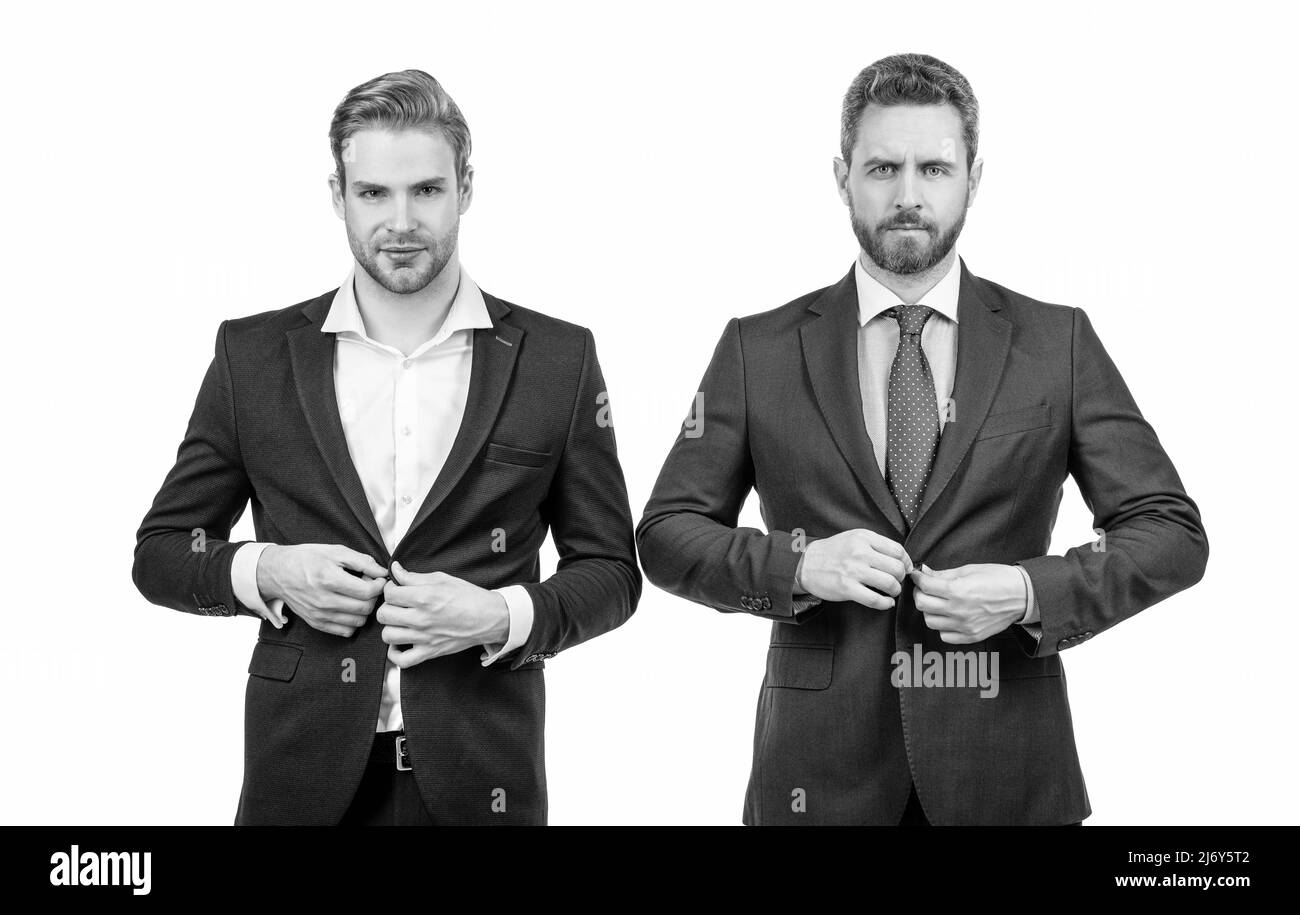 Knopfjacke. Geschäftsleute isoliert auf weiß. Chef und Mitarbeiter. Selbstbewusste Geschäftspartner. Stockfoto