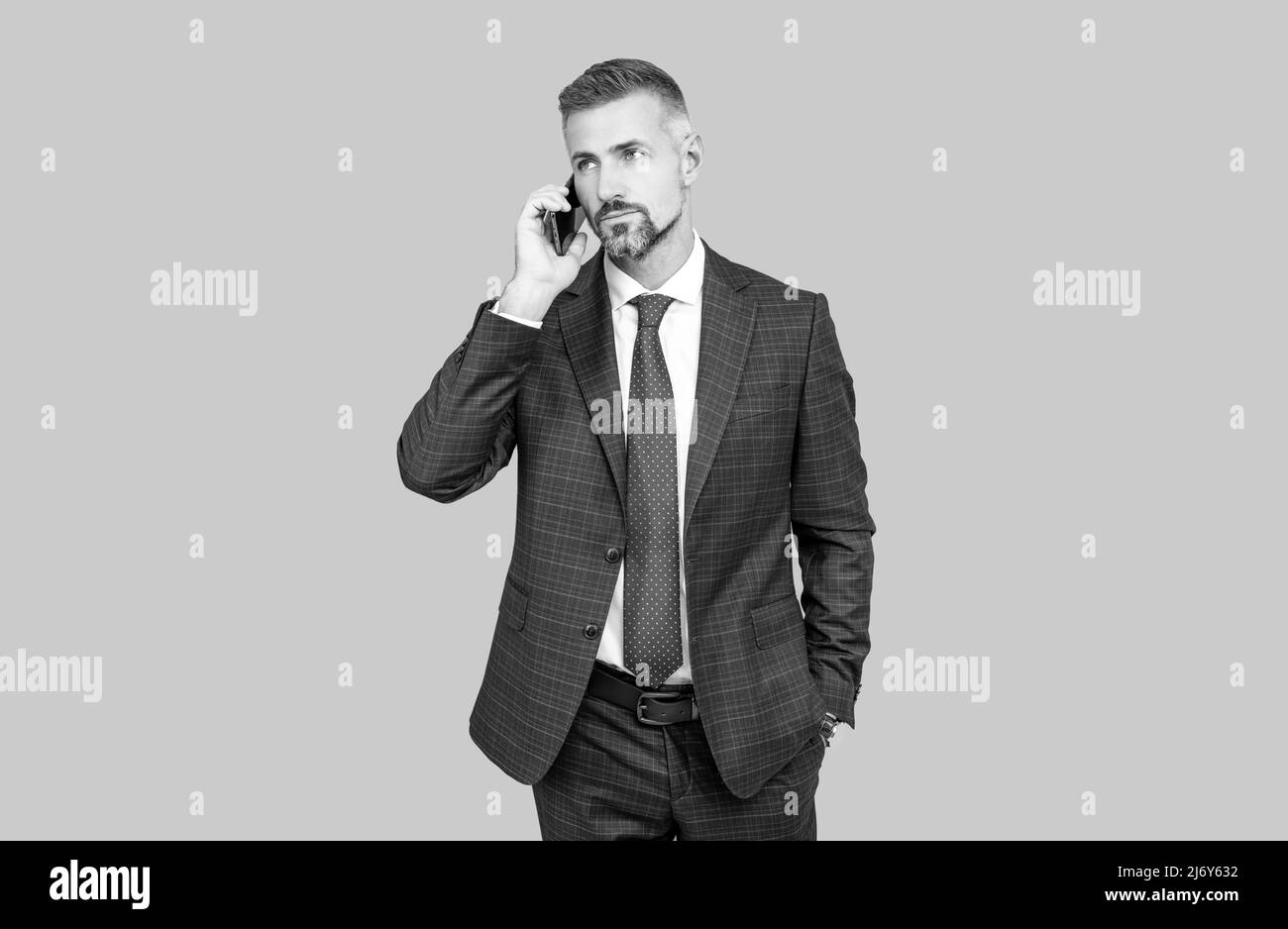 Reifer Mann mit grizzled Haar in formellen Anzug reden am Telefon, Verhandlung Stockfoto