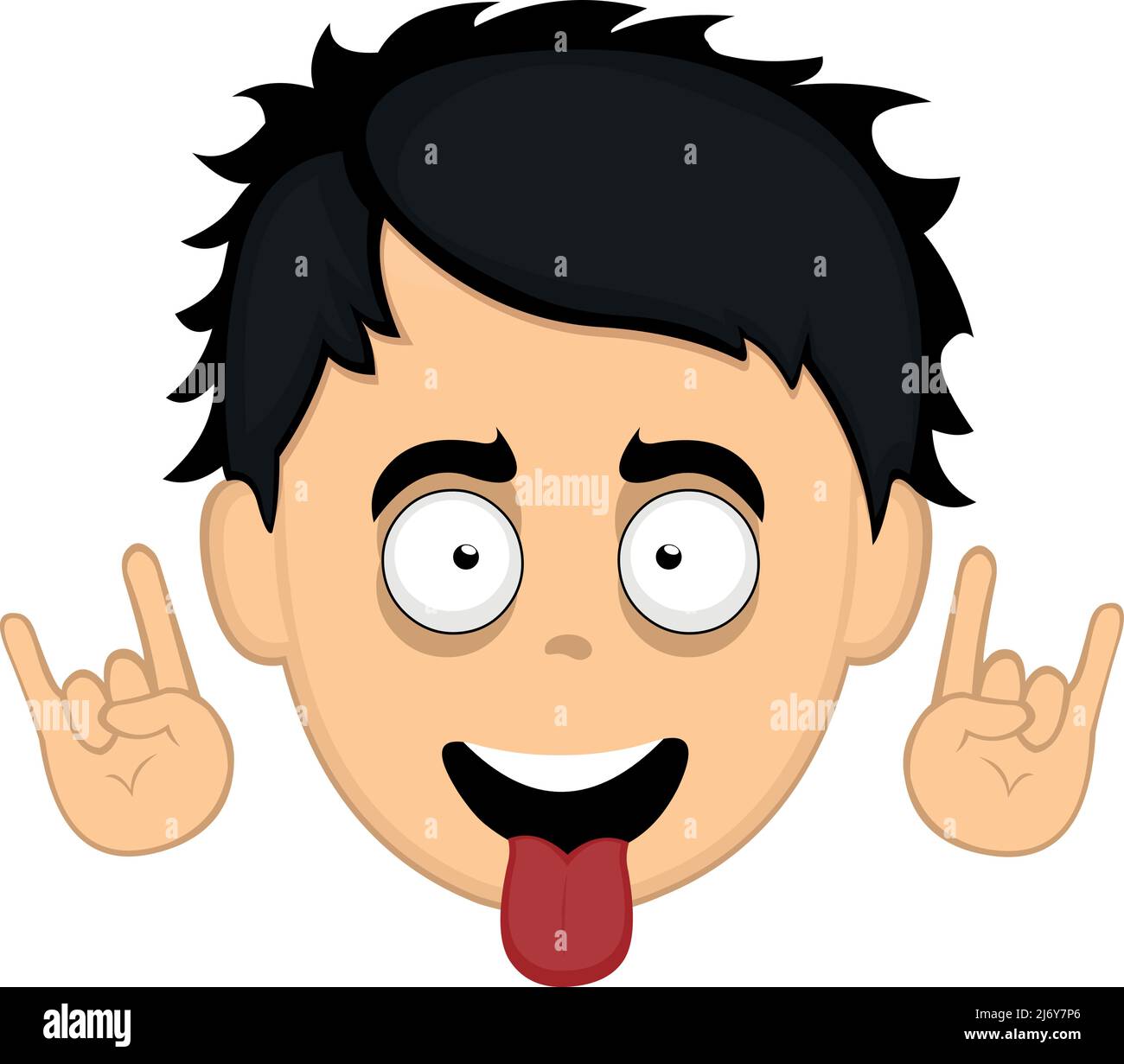 Vektor-Illustration des Gesichts eines Zeichentrickfilms, der die klassische Heavy Metal-Geste mit den Händen macht und seine Zunge heraussticht Stock Vektor