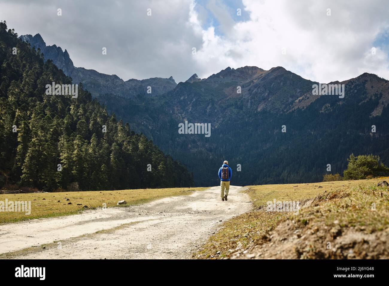 Rückansicht des asiatischen Wanderreisenden Rucksacktouristen, der auf einer unbefestigten Straße in Richtung Berge und Wald geht Stockfoto