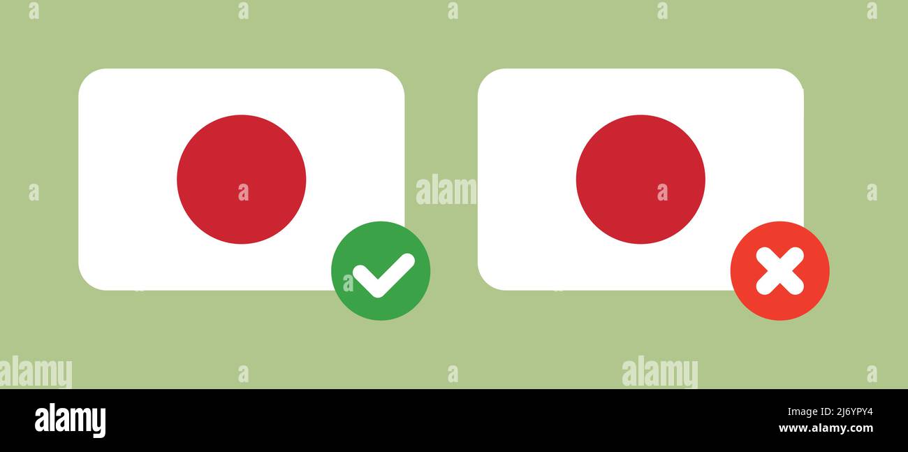 Japanische Flagge und Häkchen, japanische Flagge und Kreuzmarkensymbol gesetzt. Asiatische Länder. Bearbeitbarer Vektor. Stock Vektor