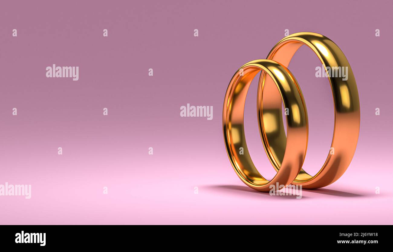Abbildung von zwei goldenen Eheringen. Konzepte der Einheit. 3D Rendern Stockfoto